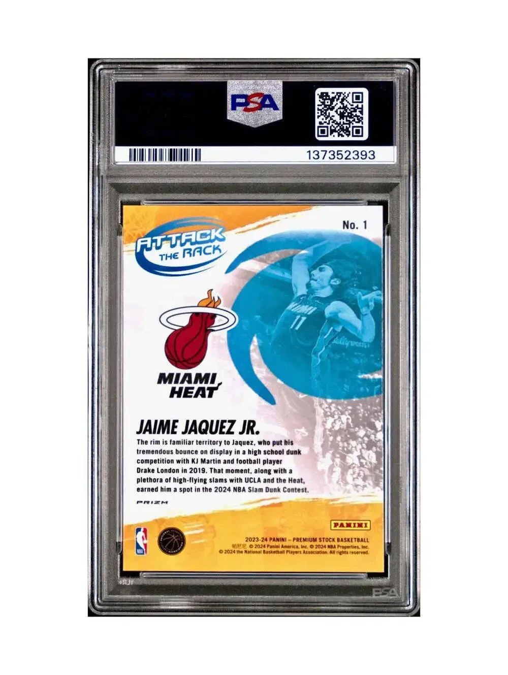 Jaime Jaquez Jr. 2023 Panini Hoops Premium Attack the Rack #1 Disco Prizm PSA 9